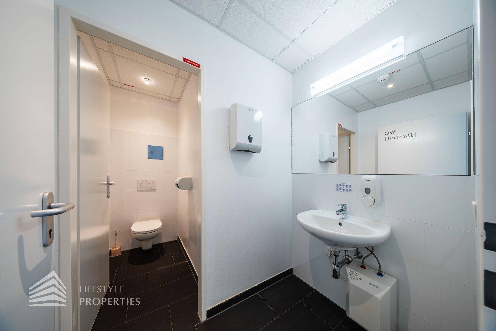 Moderne Toilette mit weißem Waschbecken, Spiegel und dunklen Fliesen auf dem Boden.