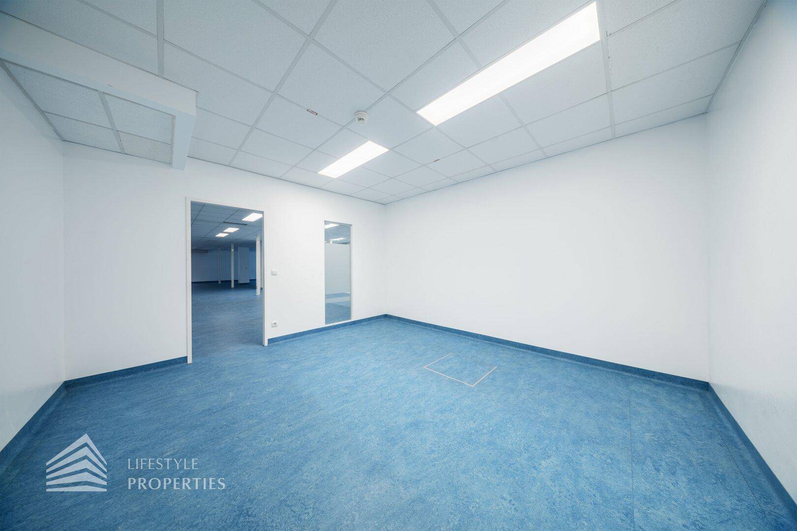 Leerer Büroraum mit blauen Bodenbelag und einer Tür, die zu einem weiteren Bereich führt.