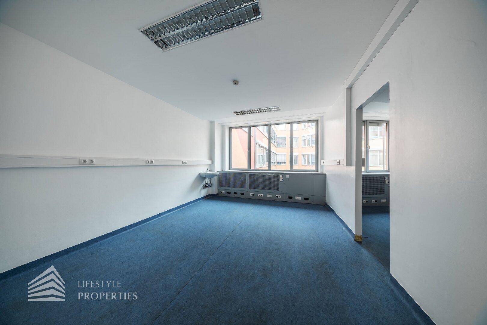Büroraum mit blauem Teppichboden und großen Fenstern, ausgestattet mit Wandleisten für Kabel.