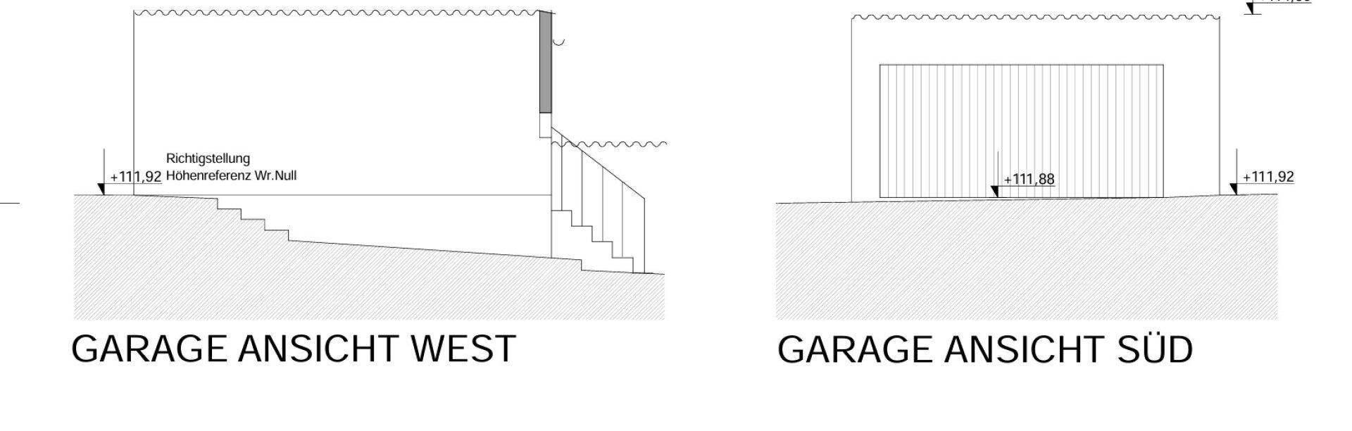 Architektonische Ansichten der Garage von West und Süd mit Treppen.
