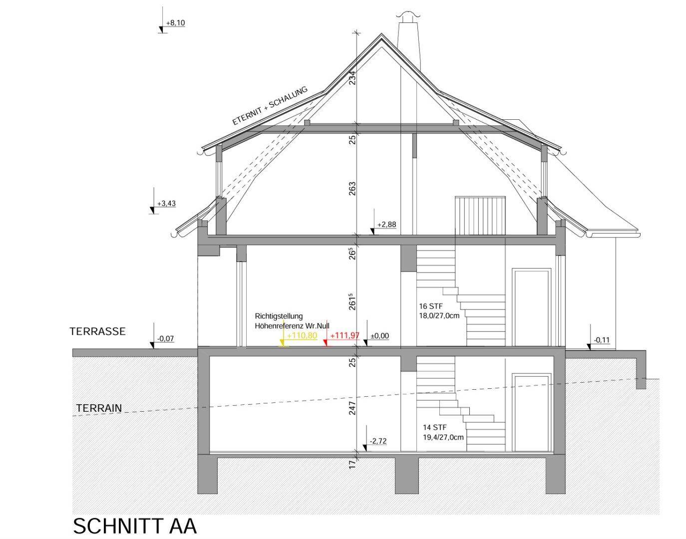 Schnittansicht des Gebäudes zeigt die verschiedenen Stockwerke und Dachkonstruktion.
