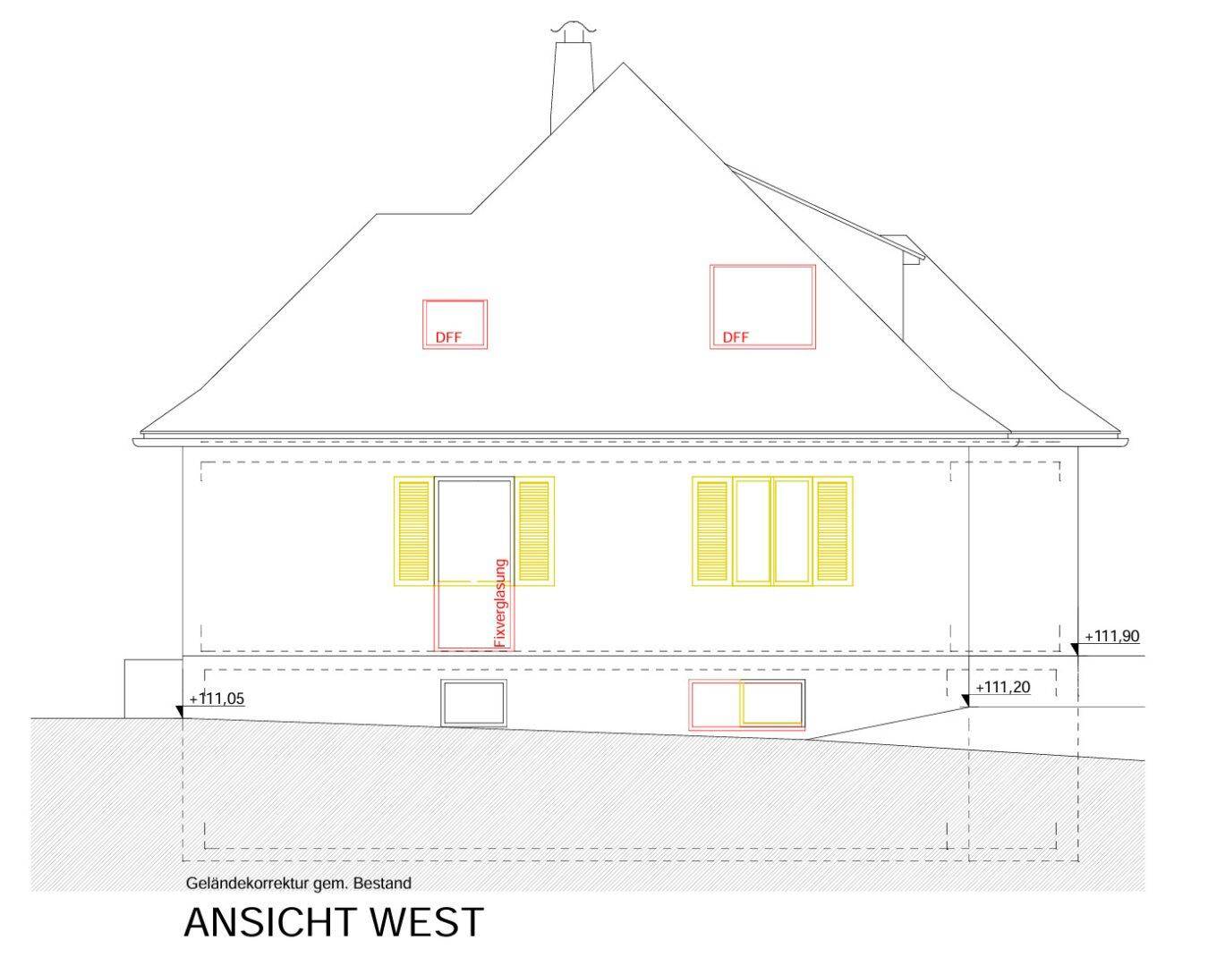 Architektonische Ansicht der Westfassade des Hauses mit Fenstern und Fensterläden.
