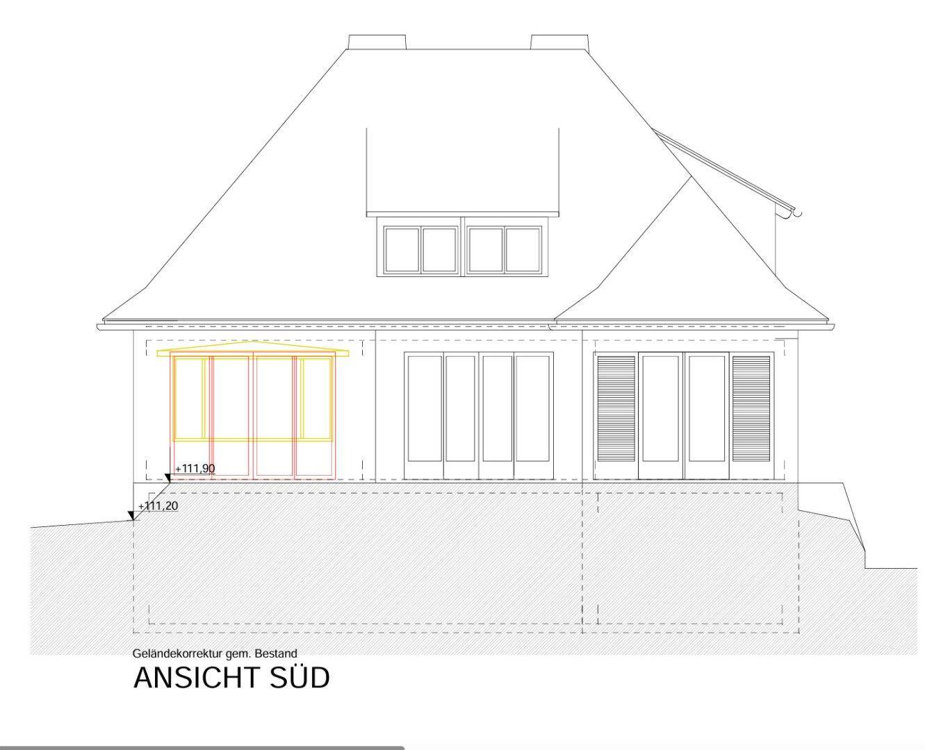 Architektonische Ansicht der Südfassade des Hauses mit Fenstern und einem Wintergarten.