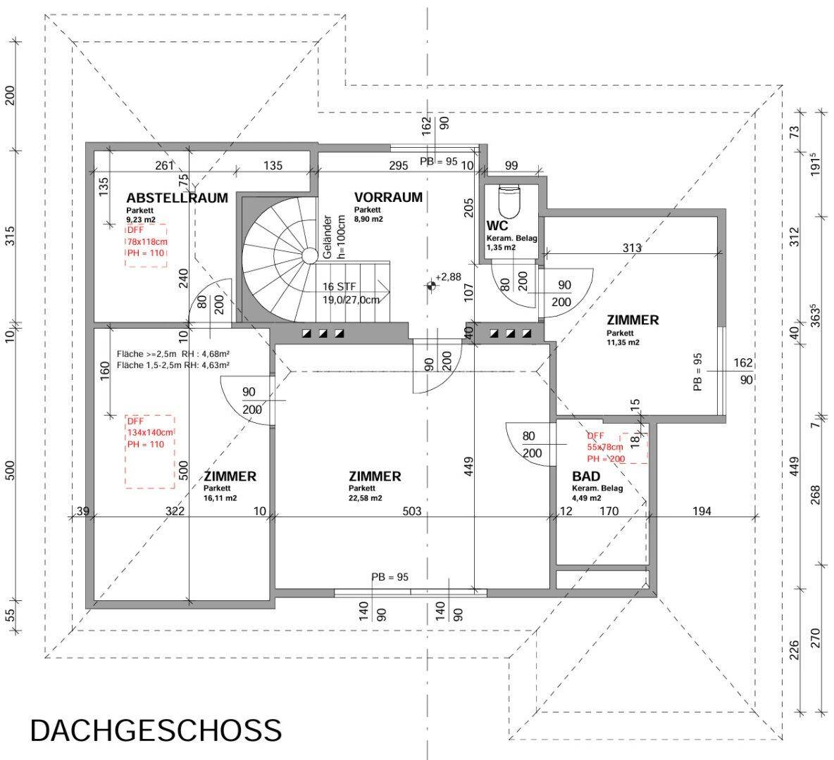 Grundriss des Dachgeschosses mit Zimmern, Bad und Abstellraum.