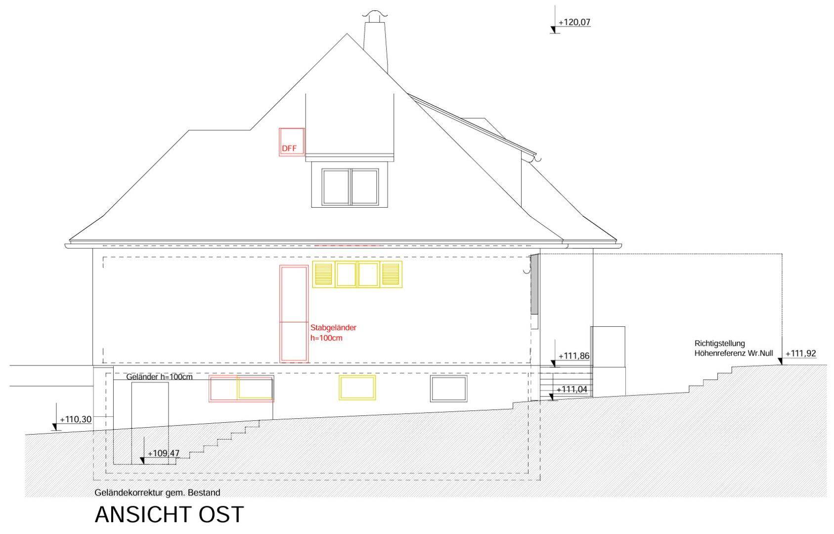 Architektonische Ansicht der Ostfassade des Hauses mit Treppen und Fenstern.