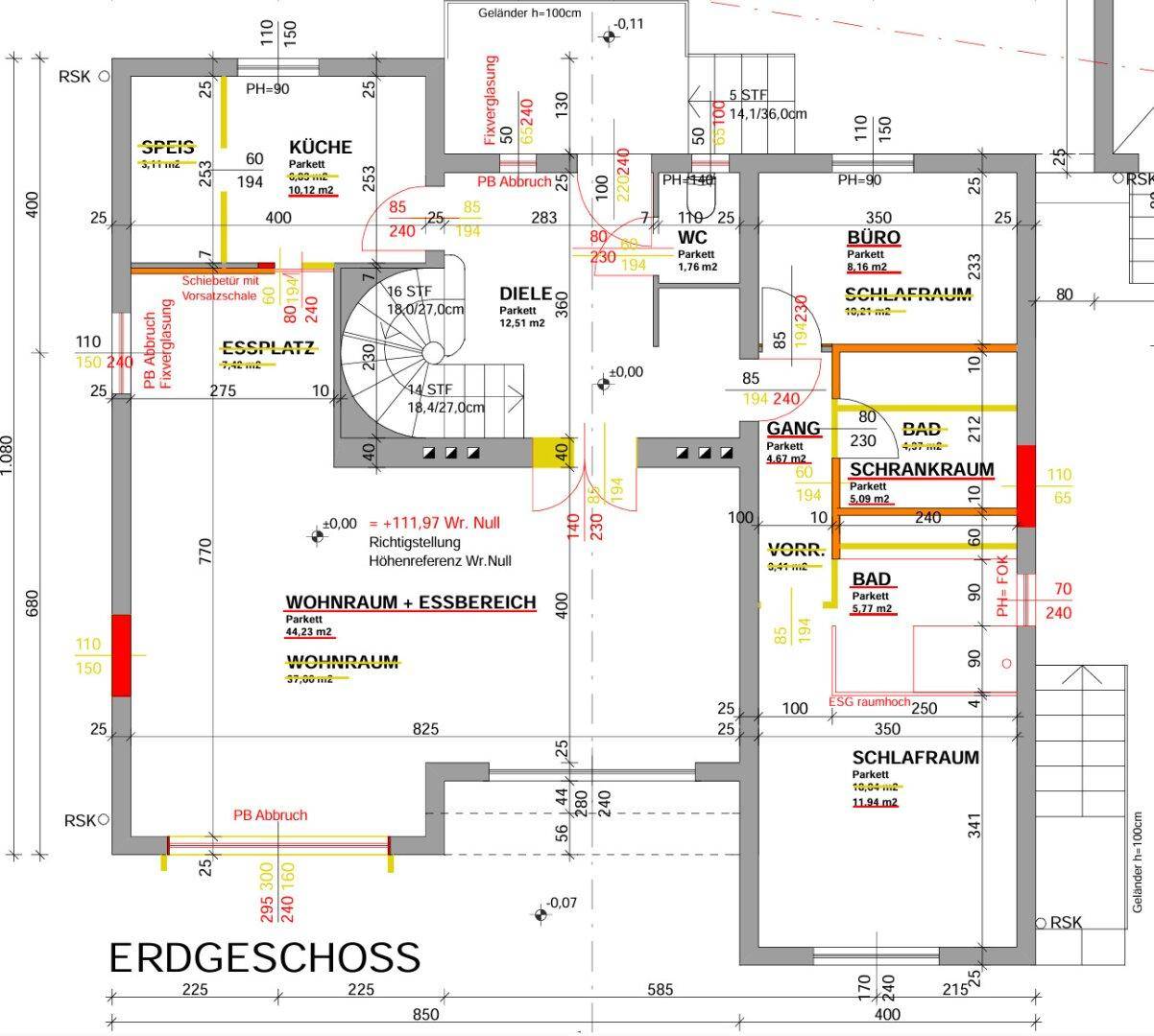 Grundriss des Erdgeschosses mit Wohn-Essbereich, Küche und Schlafzimmern.