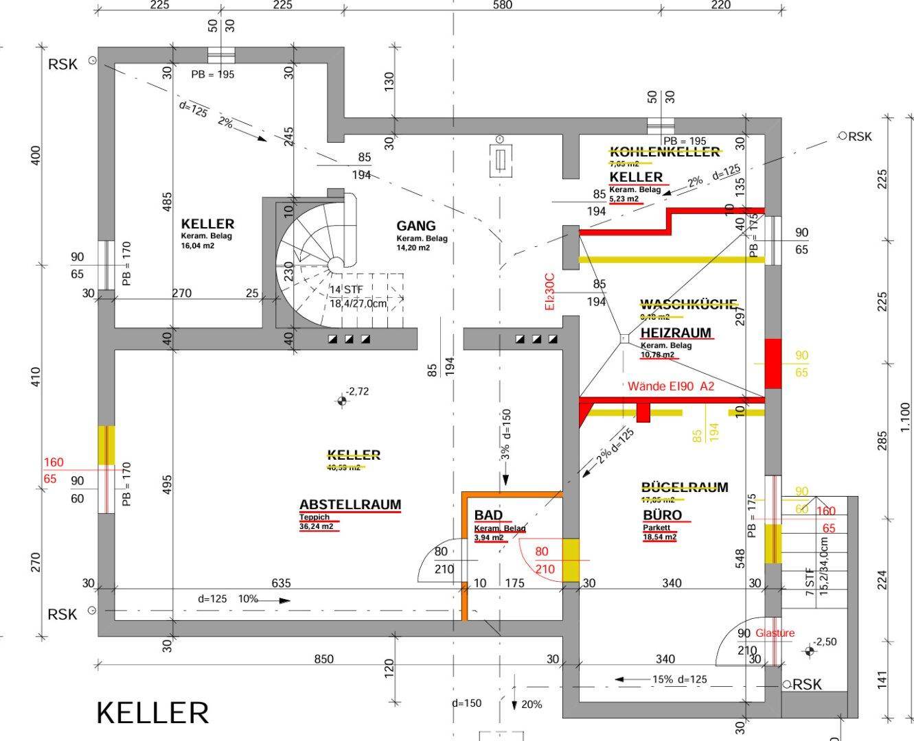 Grundriss des Kellers mit Heizraum, Waschküche, Bügelraum und weiteren Kellerräumen.
