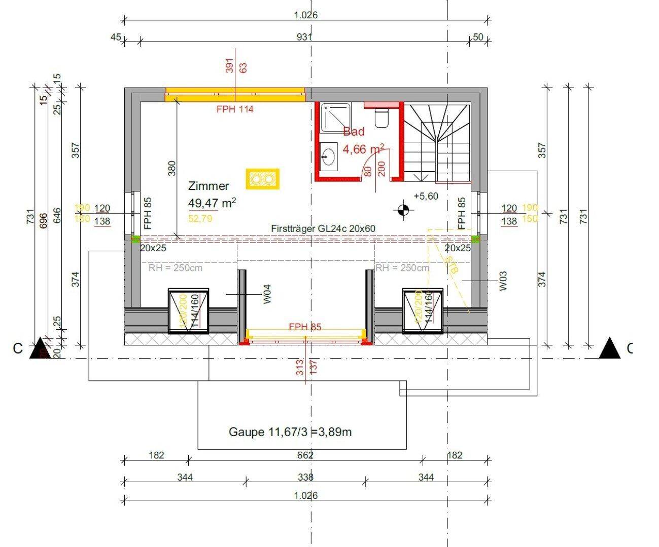 Grundriss des Dachgeschosses mit großem Zimmer, Bad und Dachschrägen.