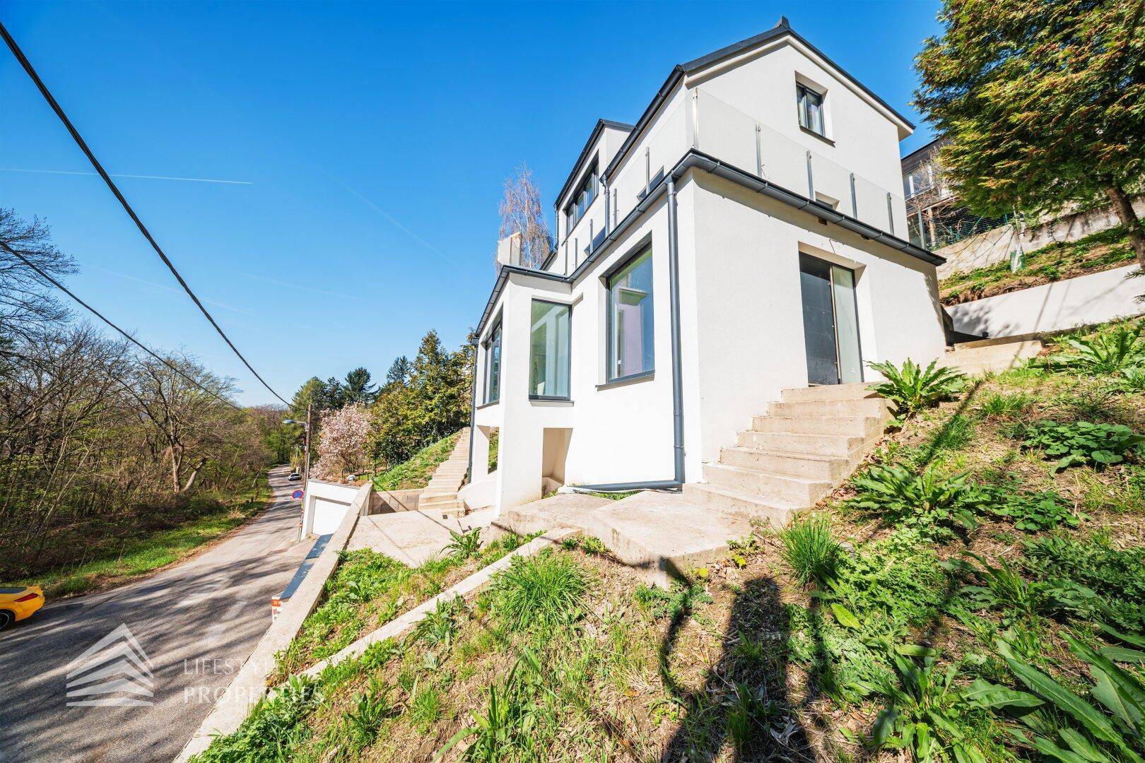 Seitenansicht der modernen Villa mit Treppen und Terrassenbereichen am bewaldeten Hang.