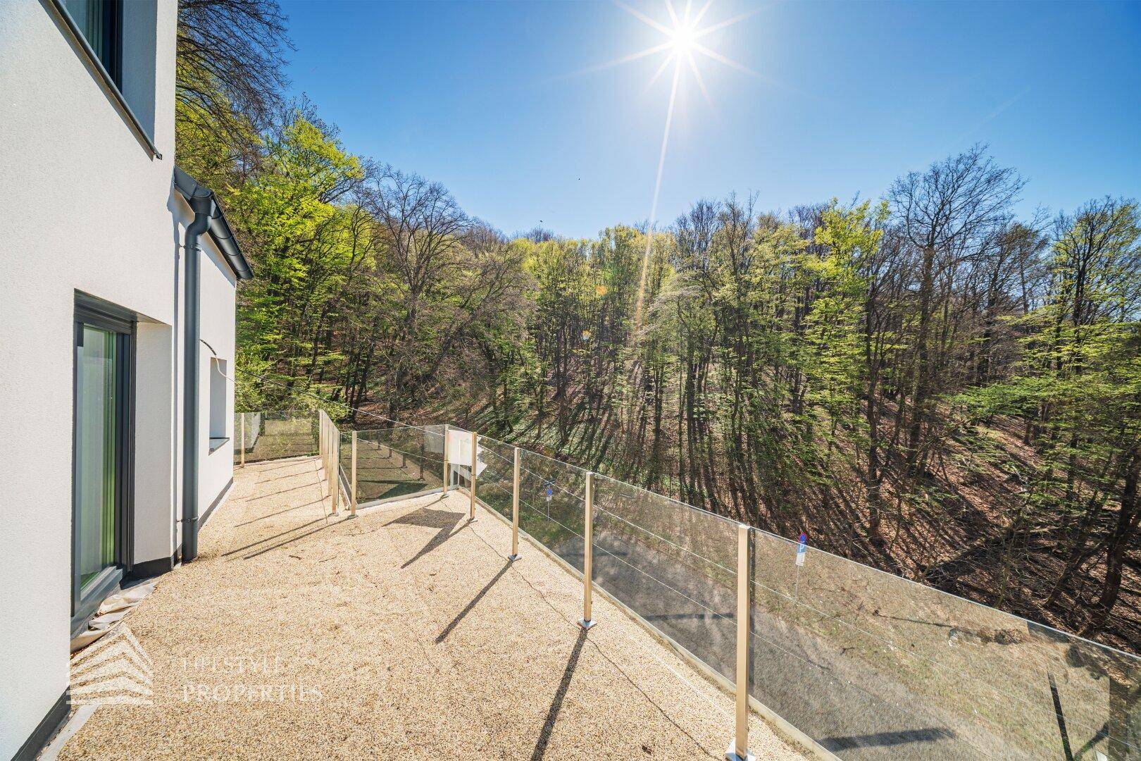 Sonniger Terrassenbereich mit Glasgeländer und Panoramablick auf die umliegende Natur.