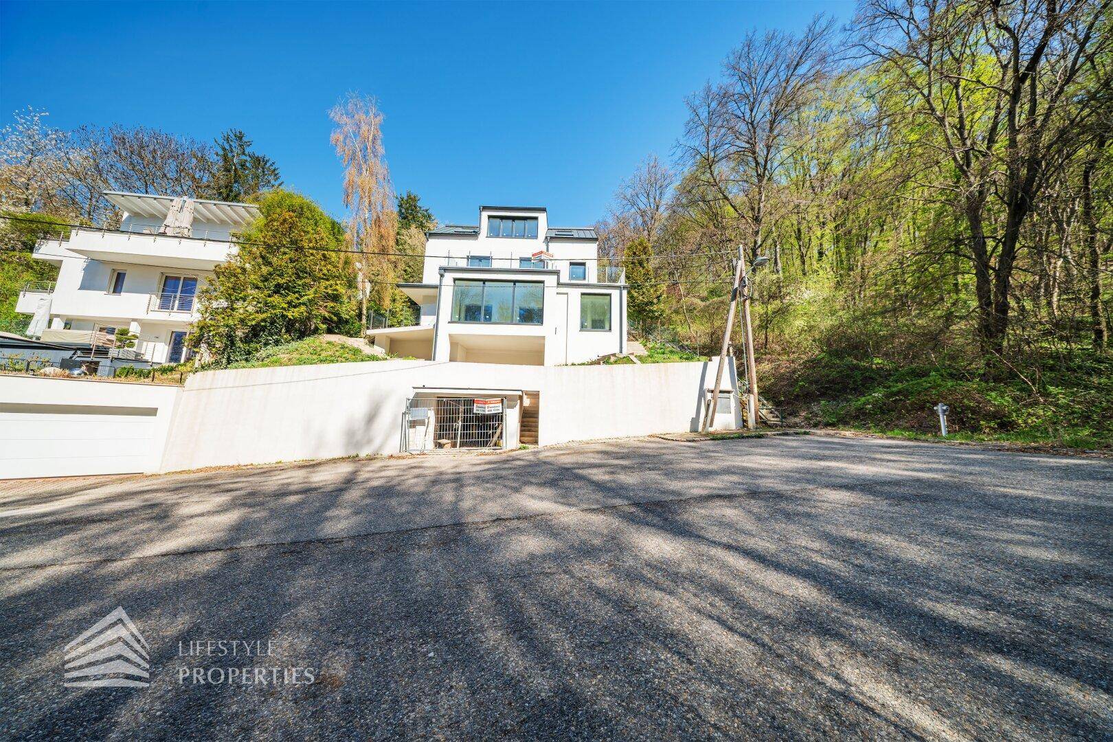 Ansicht der modernen Villa mit Tiefgaragenzufahrt und umgebender grüner Landschaft.