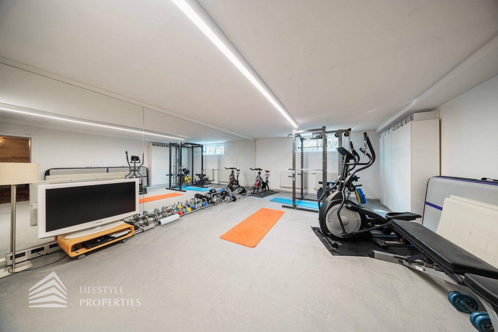 Geräumiger Fitnessraum im Untergeschoss mit verschiedenen Trainingsgeräten und Spiegelwand.