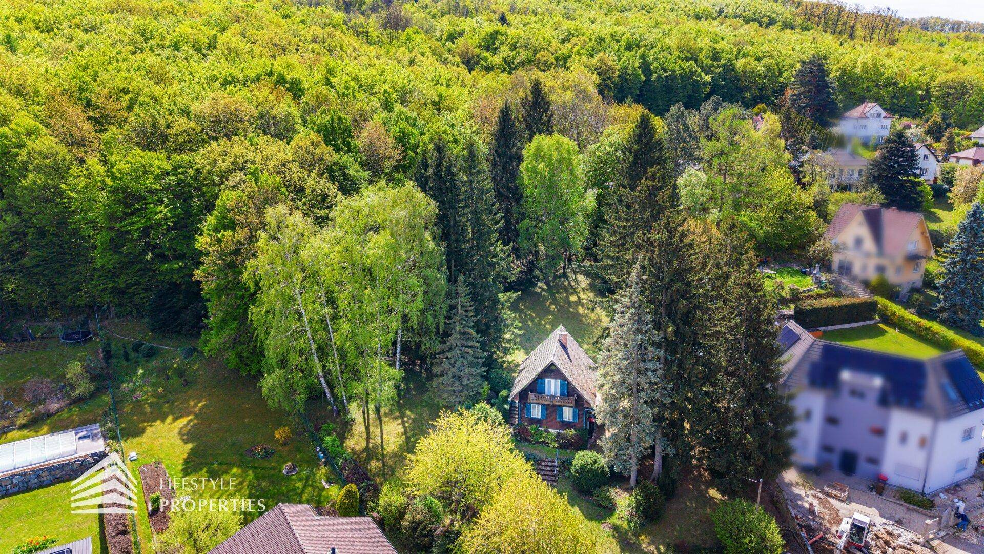 Idyllische Luftaufnahme eines Holzhauses, eingebettet in eine weitläufige grüne Wald- und Hügellandschaft.