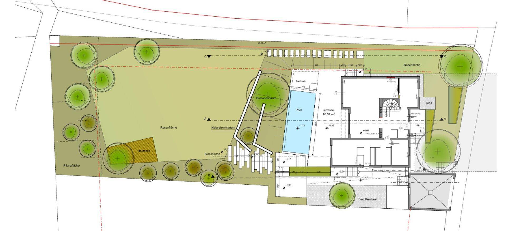 Detaillierter Lageplan des Grundstücks mit Haus, Garten, Pool und Terrasse.