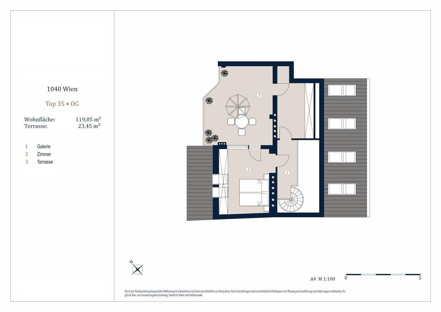 Grundriss des Obergeschosses mit Galerie, Zimmer und großer Terrasse.