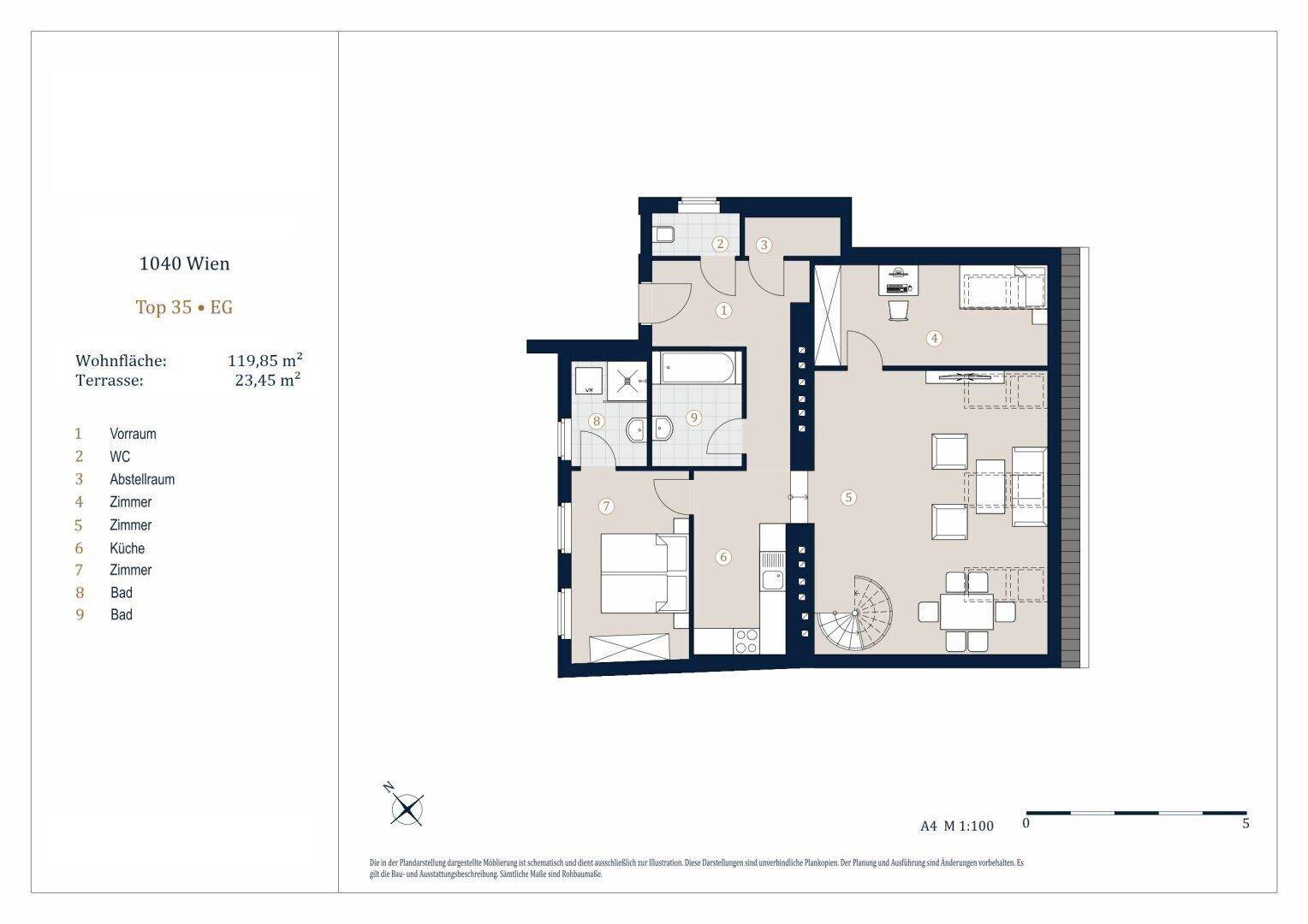 Grundriss des Erdgeschosses mit Wohnbereich, Küche, Schlafzimmern und Terrasse.
