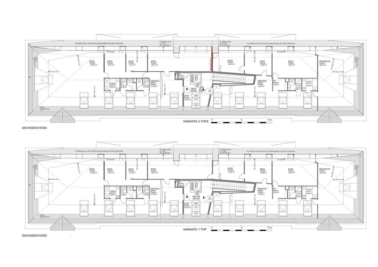 Grundrisspläne zeigen zwei Varianten eines Dachgeschosses mit mehreren Büroräumen, Bädern und einem zentralen Treppenhaus mit Aufzug.