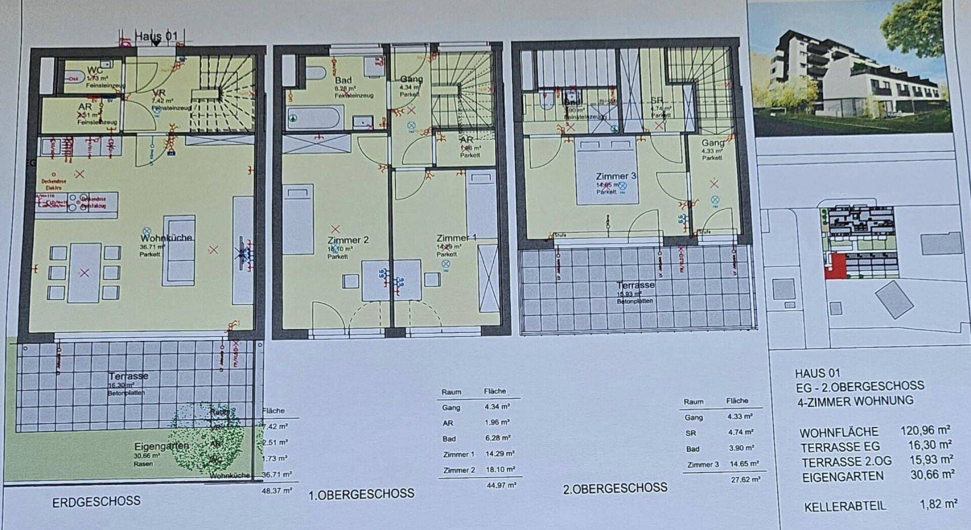 Detaillierter Grundriss eines Hauses über mehrere Etagen mit Garten, Terrasse und Zimmeraufteilung.