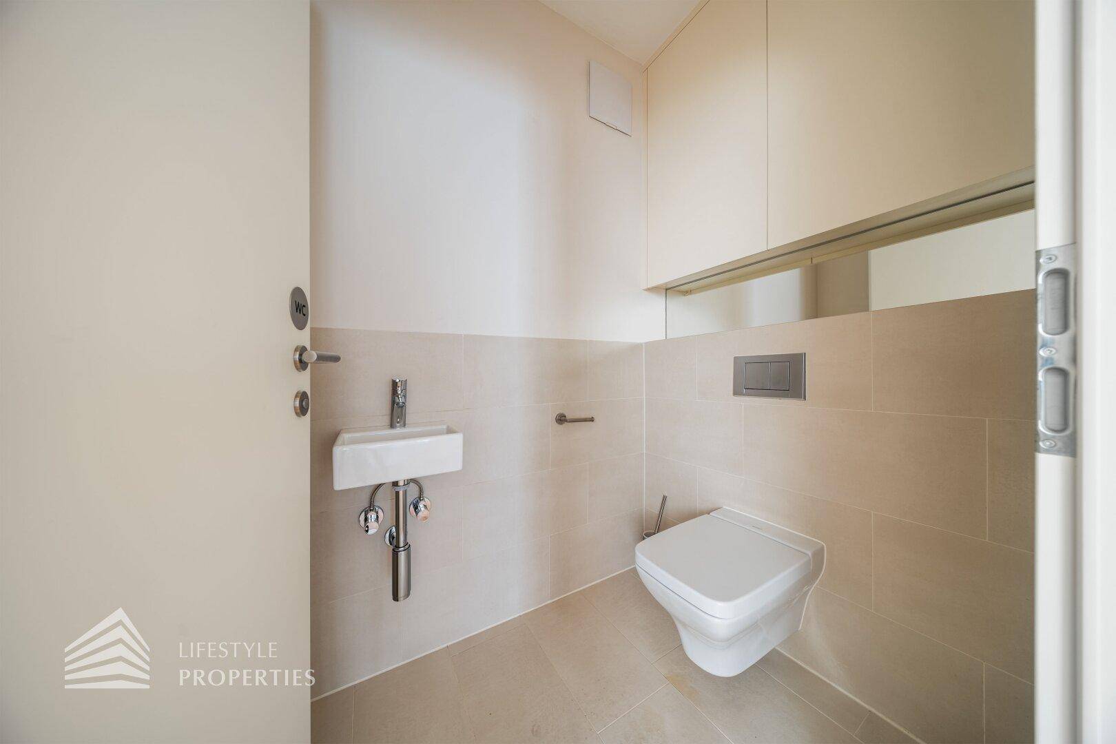 Kleines Gäste-WC mit modernem Waschbecken und wandhängender Toilette.