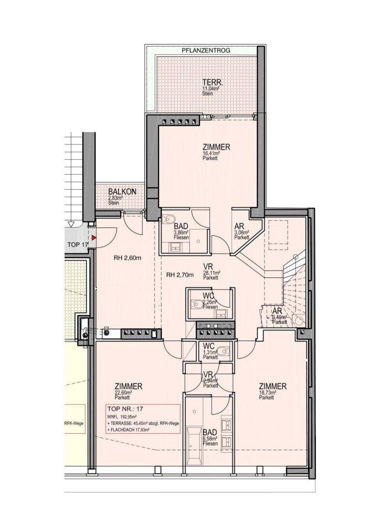 Grundriss der oberen Etage mit drei Zimmern, zwei Bädern und einer Terrasse.