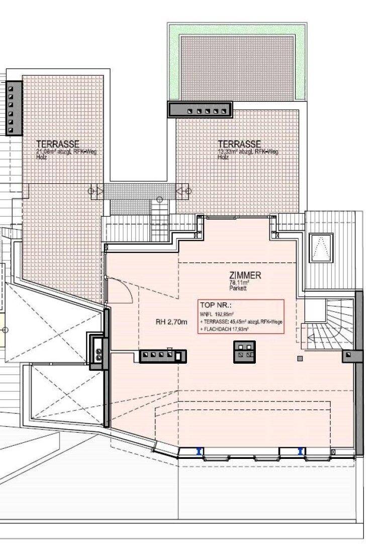 Grundriss der unteren Etage mit einem Zimmer und zwei Terrassenbereichen.