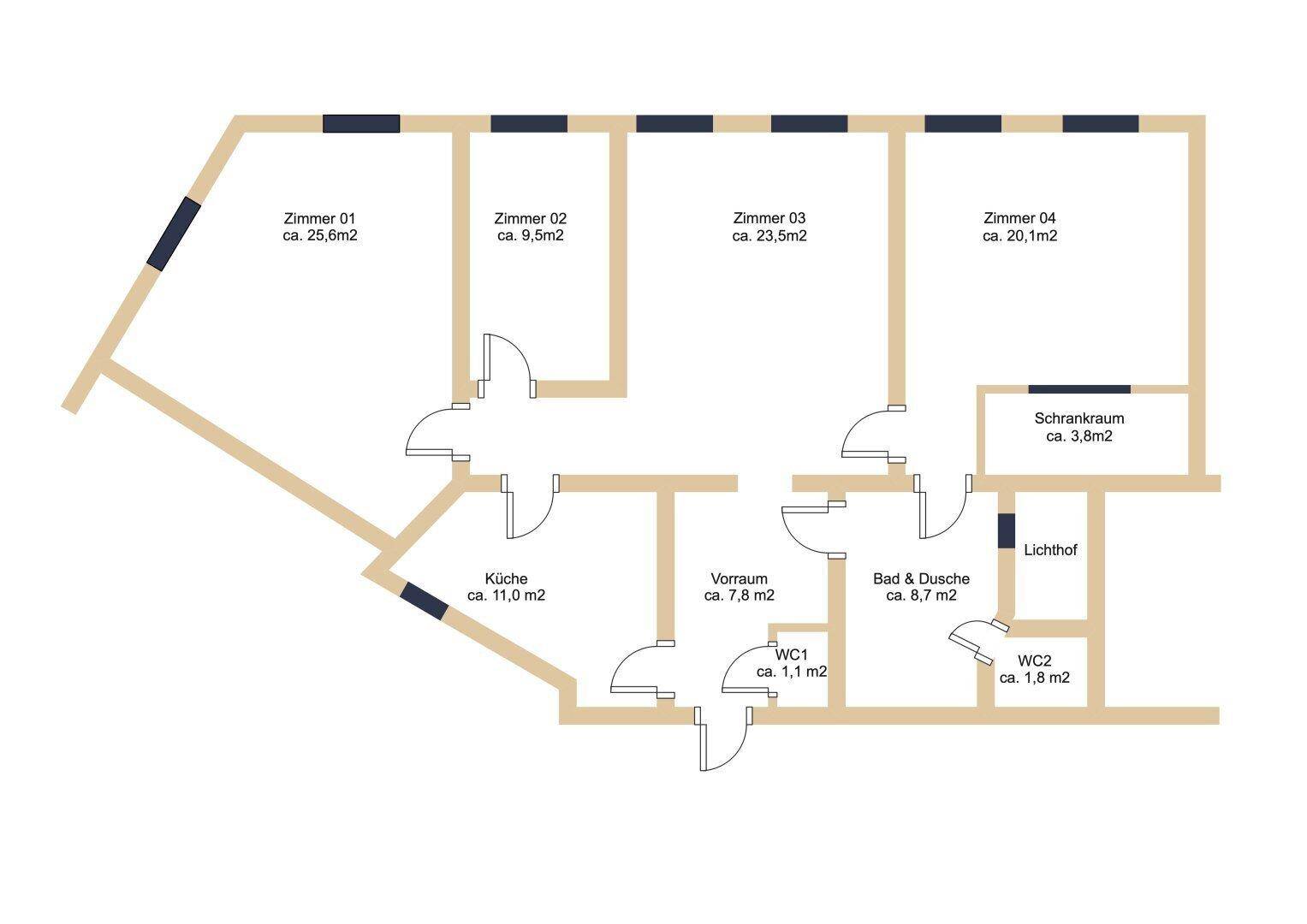 Übersichtlicher Grundriss mit Raumbezeichnungen und ungefähren Flächenangaben der Wohnung.