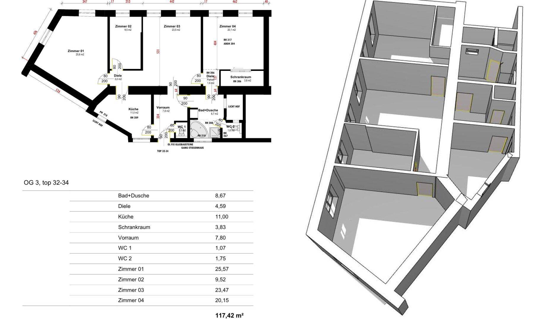 Detaillierter Grundriss mit Raumaufteilung und Flächenangaben, ergänzt durch eine 3D-Ansicht.