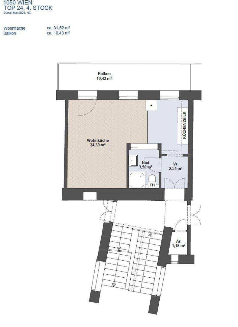 Grundriss der Wohnung mit Wohnküche, Bad und Balkon, inklusive Flächenangaben.