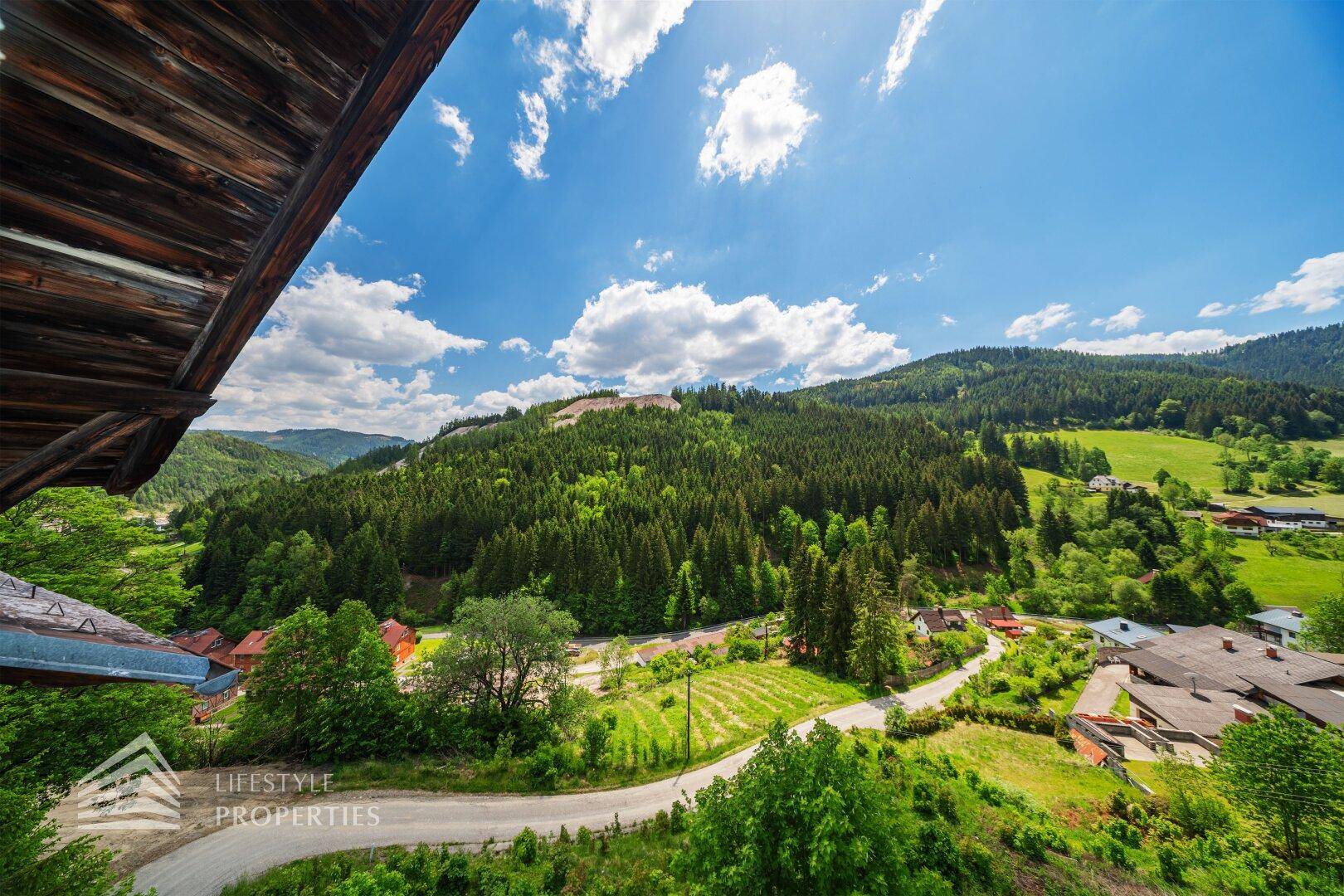 Malerischer Ausblick auf die grüne Landschaft mit Wäldern und einem Tal unter einem weiten Himmel.
