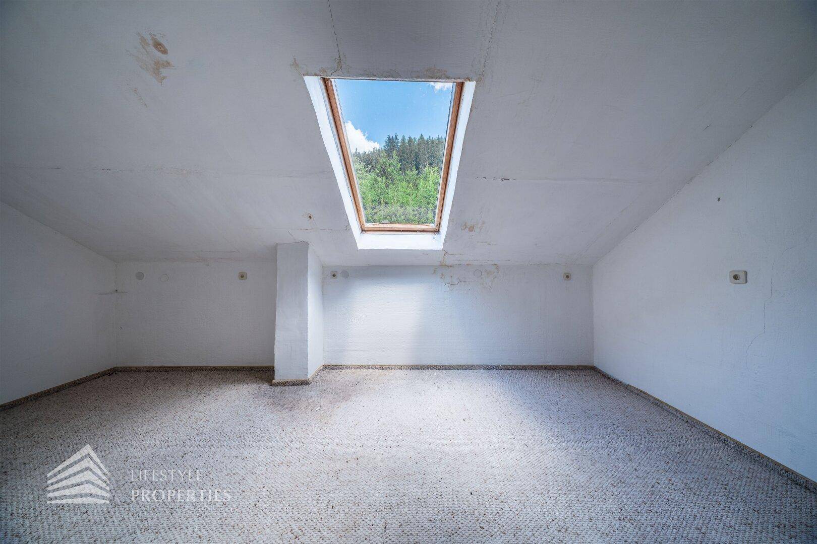 Geräumiger Dachbodenraum mit Teppichboden und einem großen Dachfenster, das viel Licht hereinlässt.