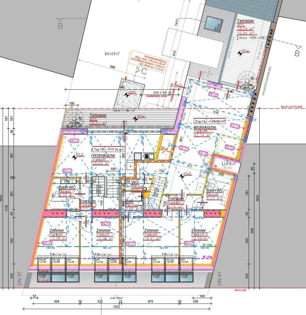 Übersichtlicher Grundrissplan mit mehreren Wohnungen, großzügigen Terrassen und integrierten Wohnküchen.