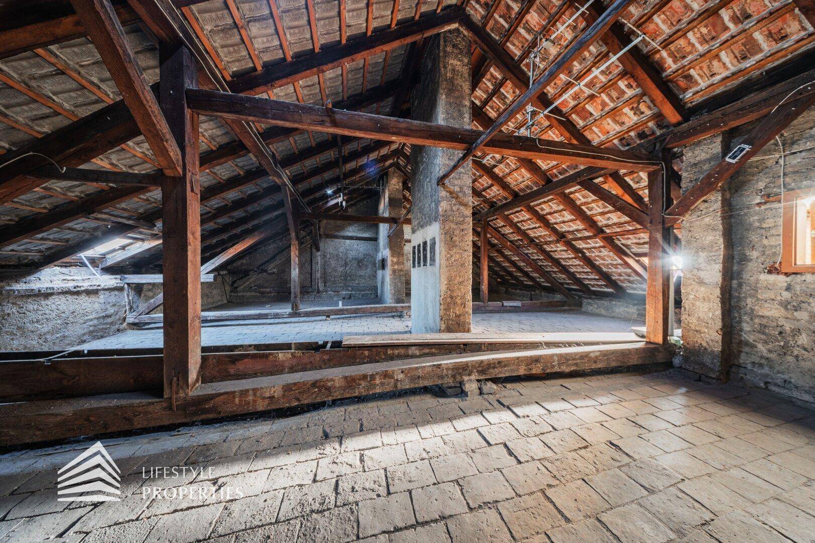 Geräumiger, ungenutzter Dachboden mit sichtbaren Holzbalken und Ziegeldachkonstruktion, ideal für Ausbau.
