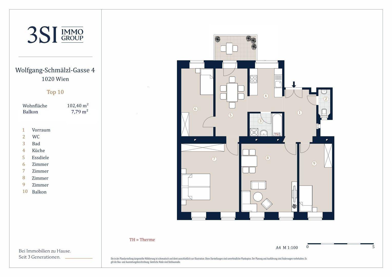 Grundriss einer Wohnung mit vier Zimmern, offenem Wohn-Essbereich, separater Küche und Balkon.