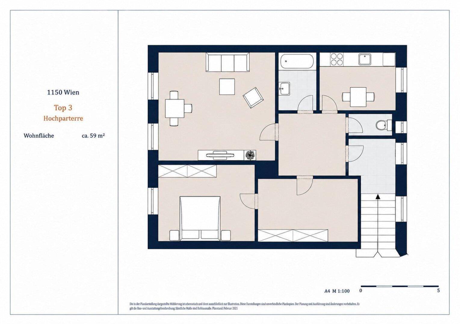 Grundriss der Wohnung Top 3 mit ca. 59 m² Wohnfläche und klarer Raumaufteilung.