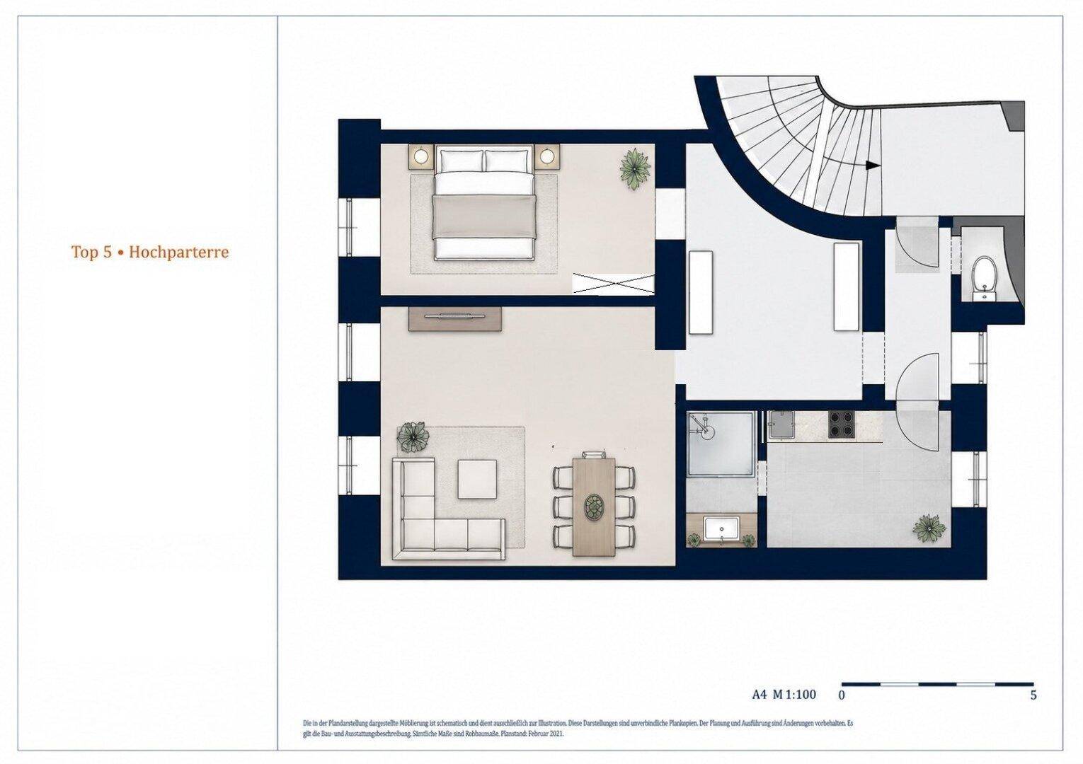 Grundriss einer Hochparterre-Wohnung mit Schlafzimmer, Wohn-Essbereich und Bad.