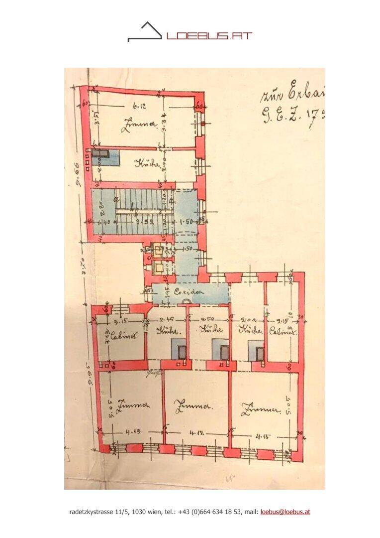 Historischer Grundriss eines Stockwerks mit Zimmern, Küche und Kabinett.