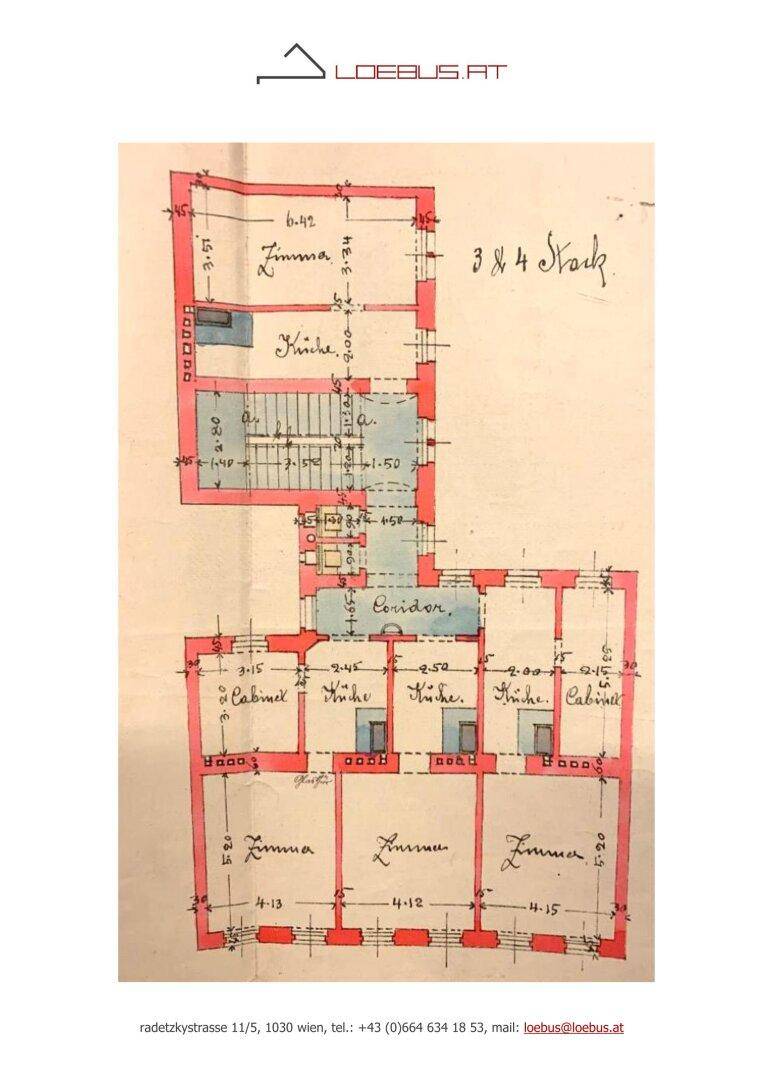 Historischer Grundriss der dritten und vierten Etage mit Zimmern und Küchenbereichen.