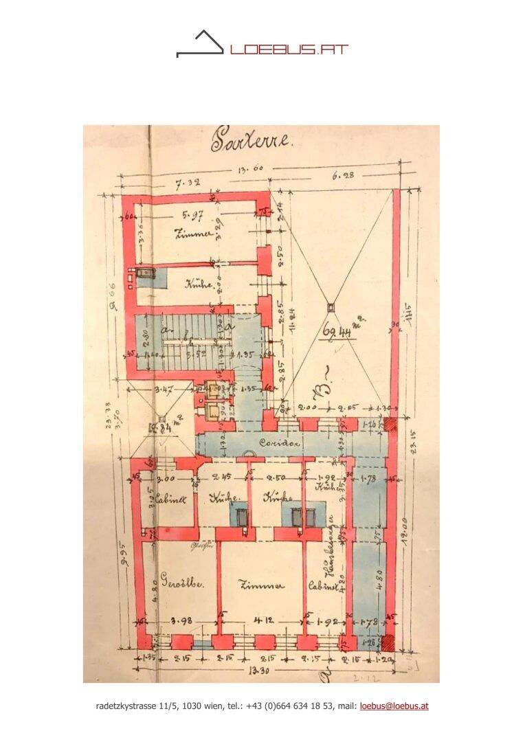 Historischer Grundriss des Souterrains mit verschiedenen Zimmern und Korridoren.