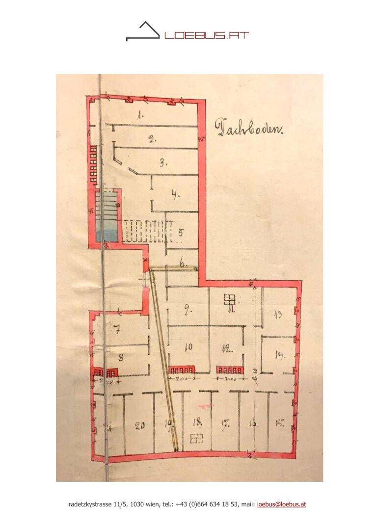 Historischer Grundriss des Dachbodens mit potenziellen Ausbauflächen und Lagerbereichen.