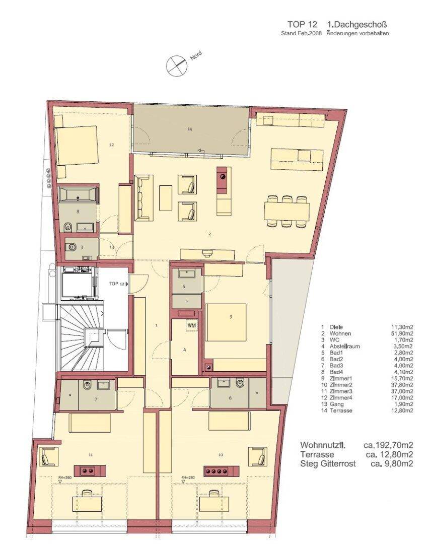 Detaillierter Grundriss des Dachgeschosses mit mehreren Zimmern und Terrassenbereichen.