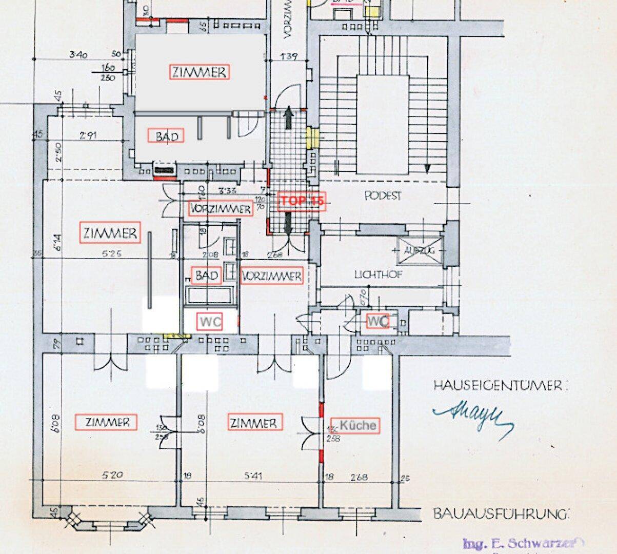 Detaillierter Grundriss einer Wohnung mit mehreren Zimmern, Bädern und Vorzimmern.