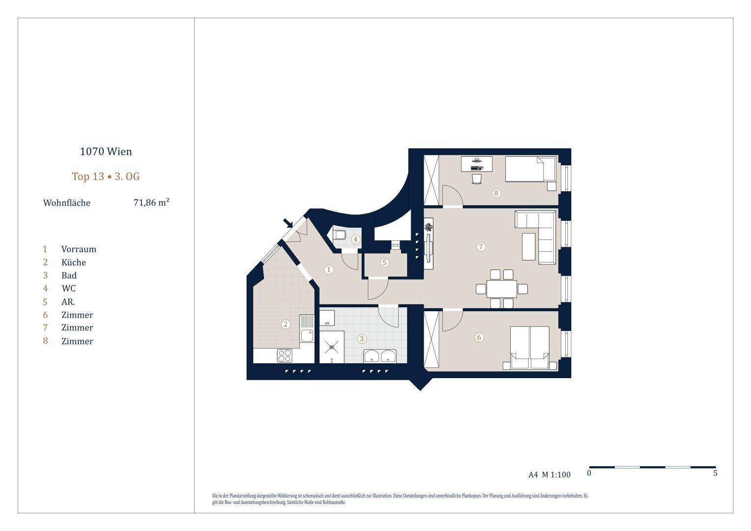 Grundriss einer Wohnung mit offenem Wohnbereich, drei Schlafzimmern, einem Bad und separatem WC.