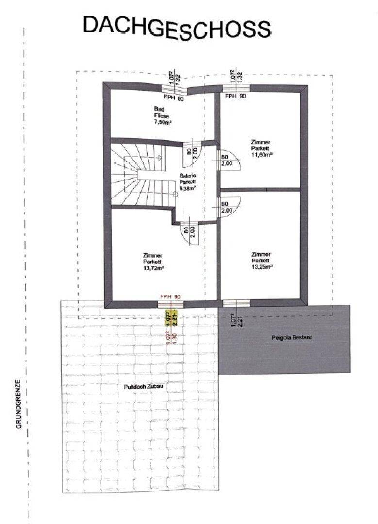 Grundriss des Dachgeschosses mit Bad, Galerie und drei Zimmern, inklusive Pergola-Bestand.