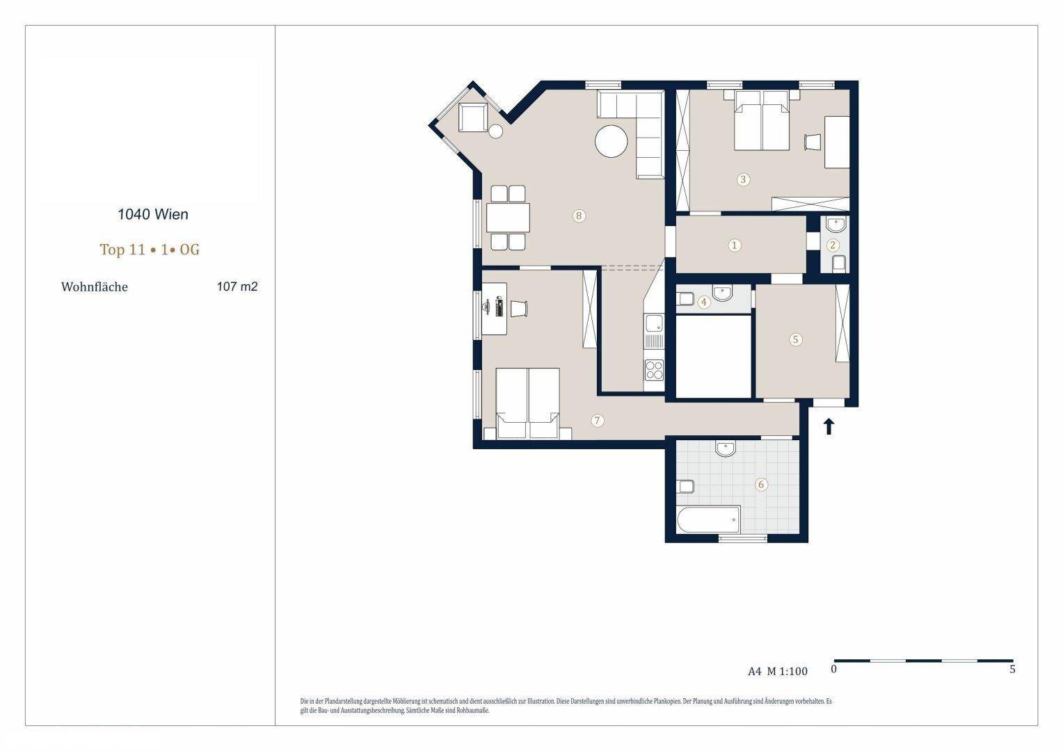 Detaillierter Grundriss der Wohnung mit drei Schlafzimmern und offenem Wohnbereich.
