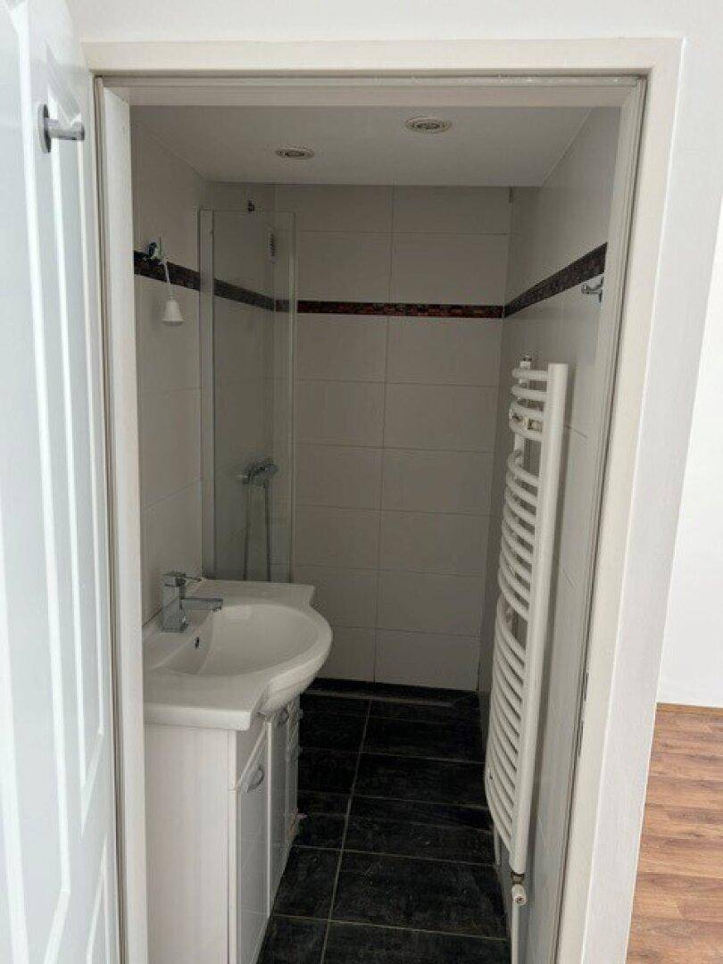 Modernes Badezimmer mit Dusche, Waschbecken und beheiztem Handtuchhalter.