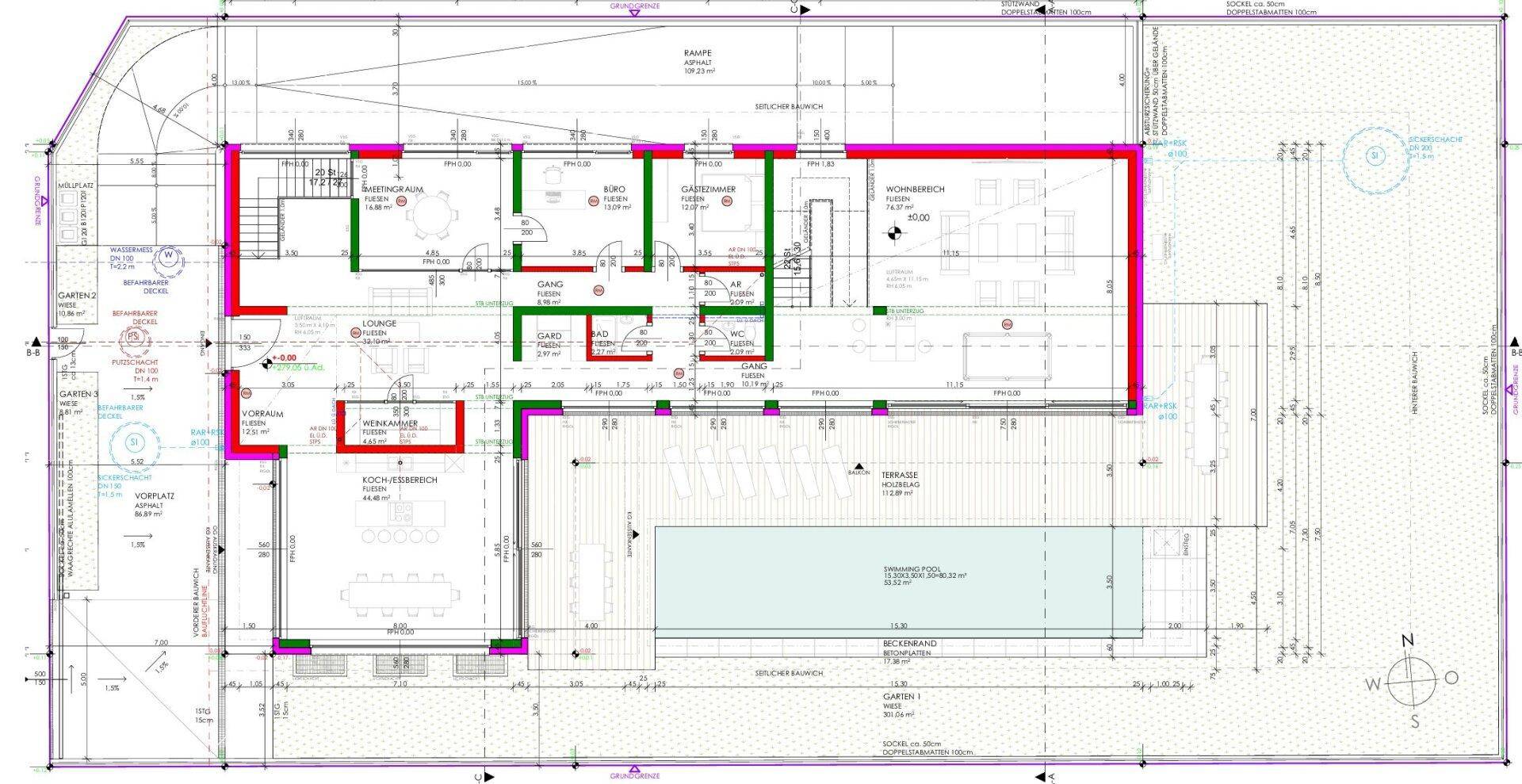 Grundriss des Erdgeschosses mit Wohnbereich, Küche, Büro, Terrasse und Pool.