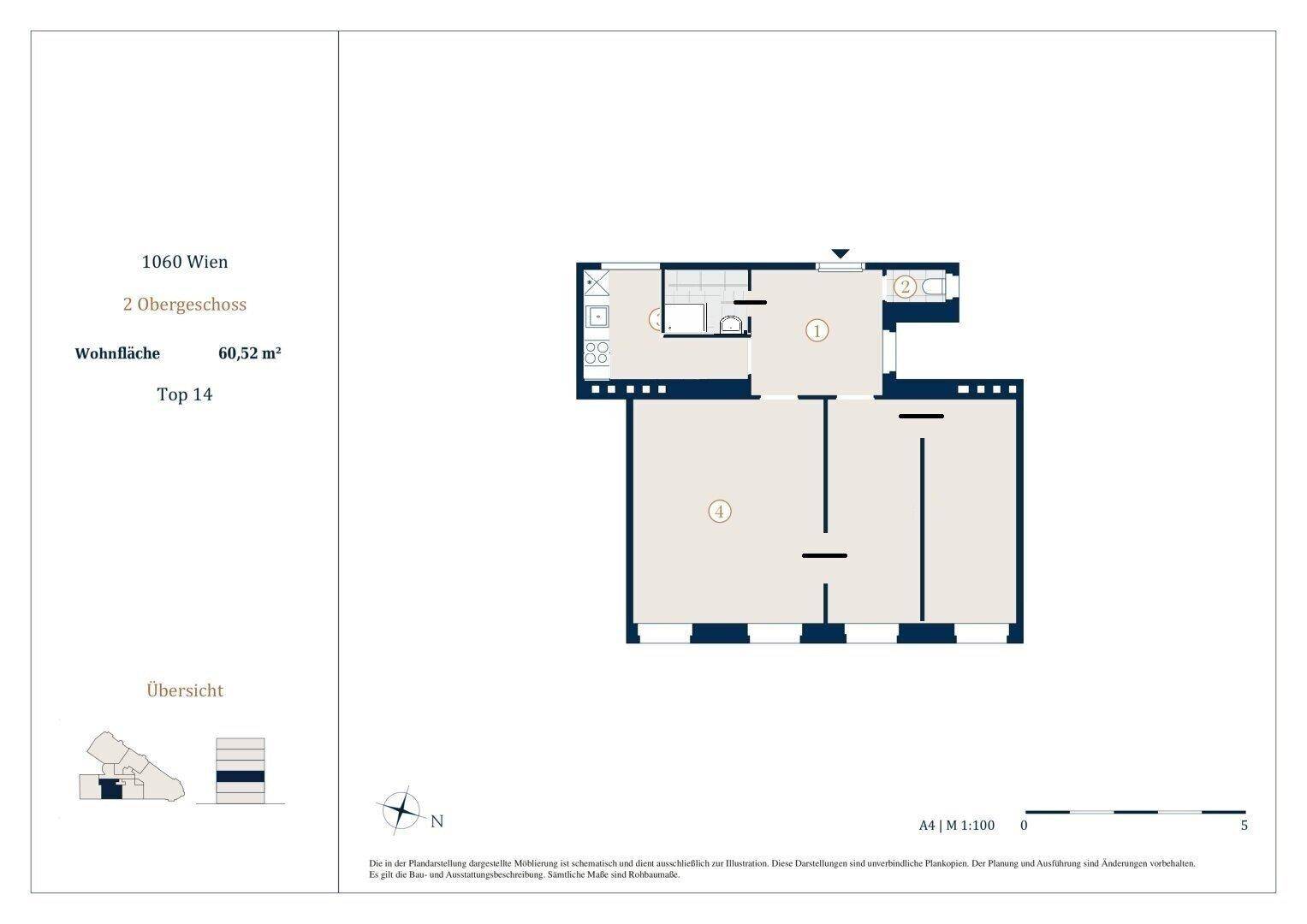 Grundriss der Wohnung mit 60,52 m² Wohnfläche im 2. Obergeschoss, inklusive Balkon.