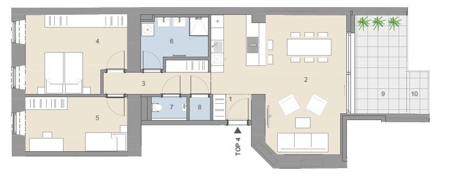 Detaillierter Grundriss einer Wohnung mit mehreren Zimmern und einer großen Terrasse.