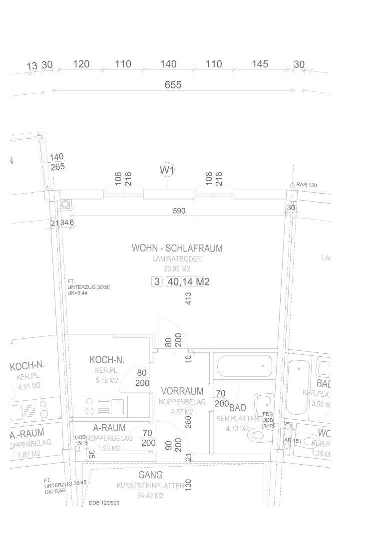Grundriss einer Wohnung mit Wohn-Schlafraum, Küche, Bad und Gang.