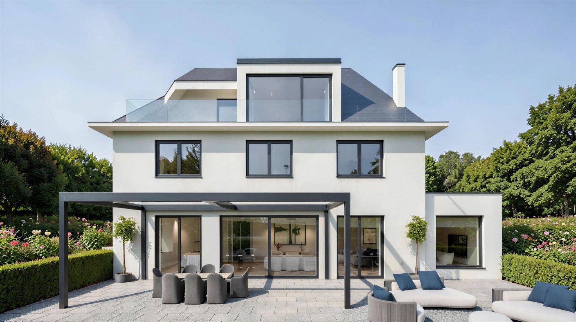 Rückansicht der modernen Villa mit großer, möblierter Terrasse und gepflegtem Gartenbereich.